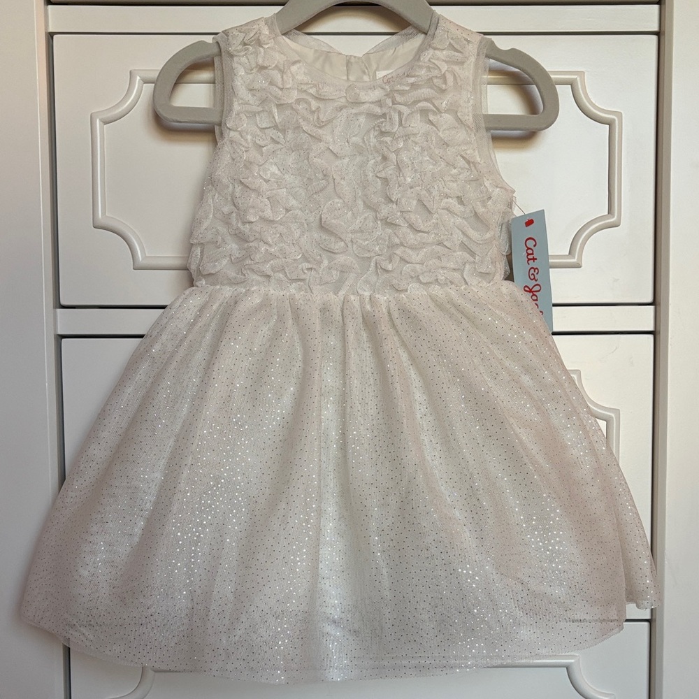 NWT Cat & Jack Baby Girl Cream w/ Silver Sparkle Rosette Tulle Dress - 18 Months
